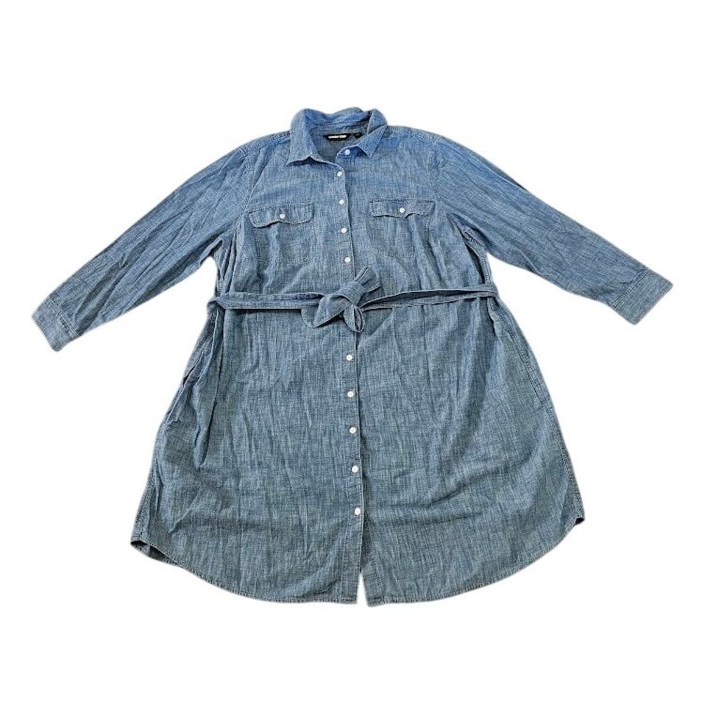 Lands End Womens 2X Blue Chambray Cotton Button Front Belted Shirt Dress Pockets